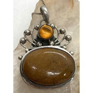 Vintage Brown Agate Modernist Pendant 18'' Necklace Sterling 925 Silver 16g Boho